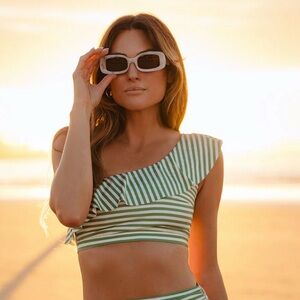 Green Striped One-Shoulder Bikini SET